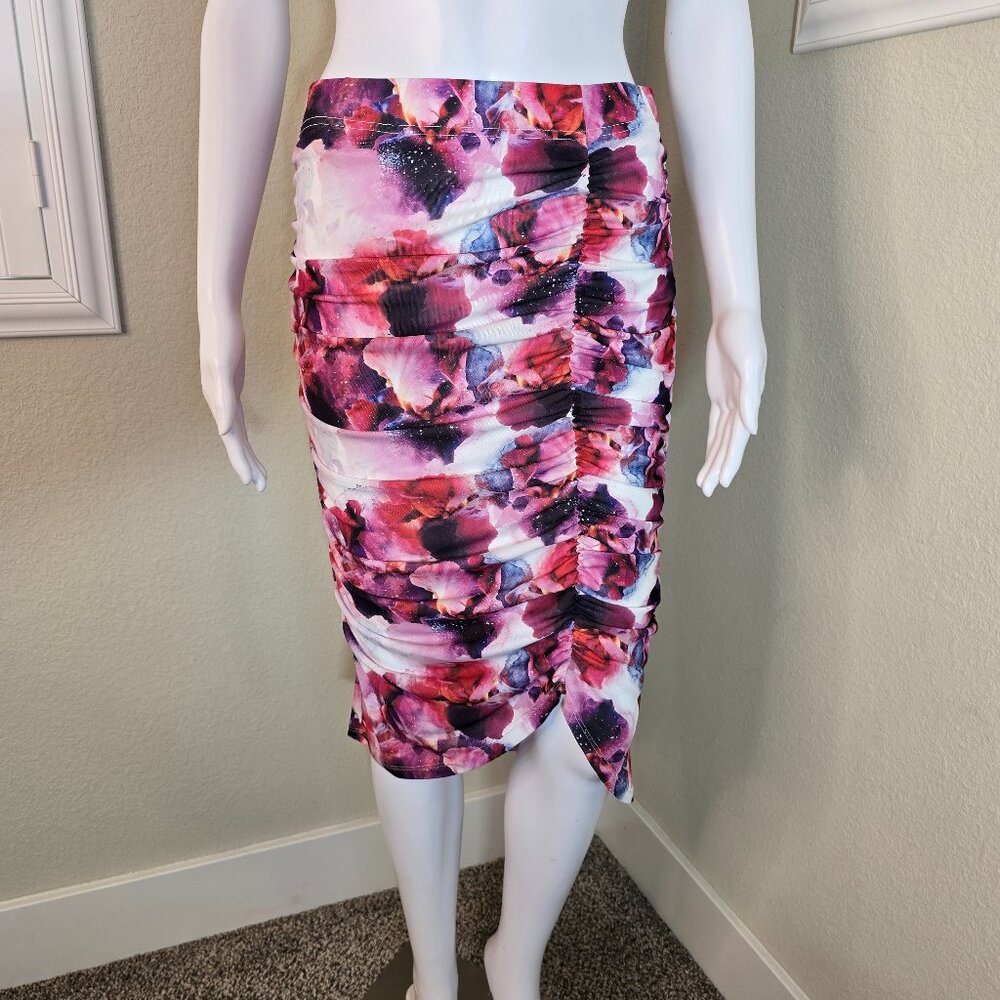Bebe Midi Floral Mesh Ruched Skirt Medium